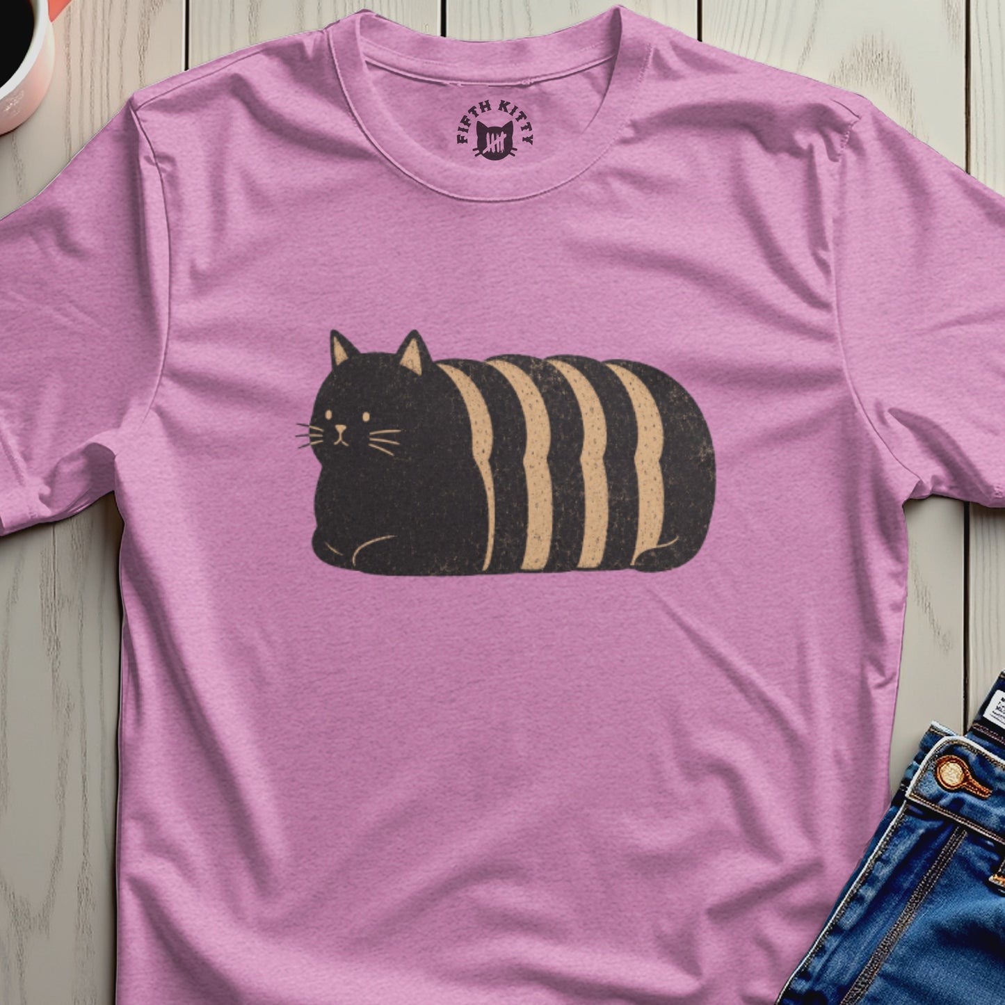 Pink t-shirt with a striped loaf cat graphic and "Fifth Kitty" logo.