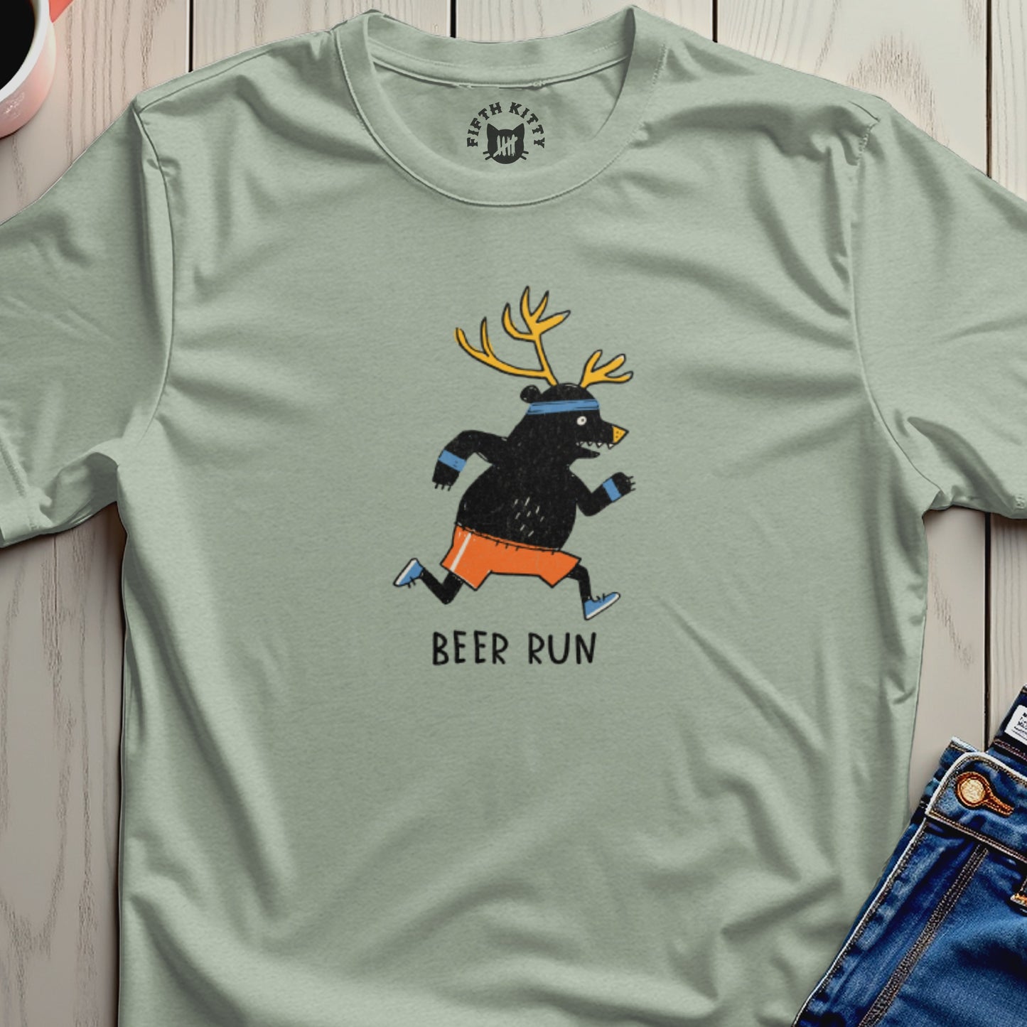 Graphic tee with a cartoon bear wearing antlers, running shorts, and the text "Beer Run".