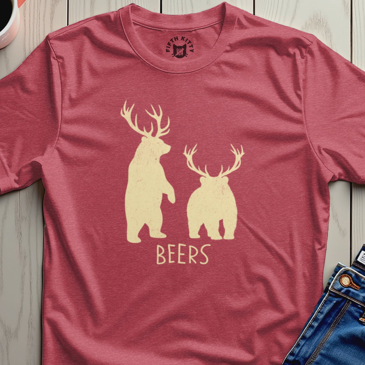 Two cream-colored bears with antlers and the word "BEERS" on a heathered red t-shirt.