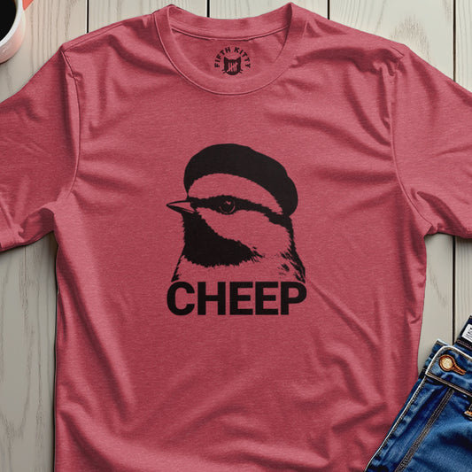 Cheep text on a heather red t-shirt featuring a bird's head.