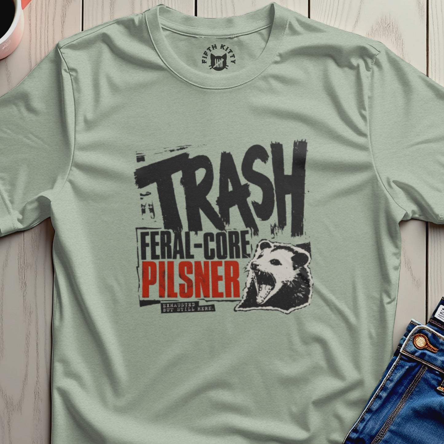 Feral-Core Pilsner trash t-shirt with opossum graphic.