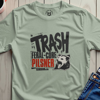 Feral-Core Pilsner trash t-shirt with opossum graphic.
