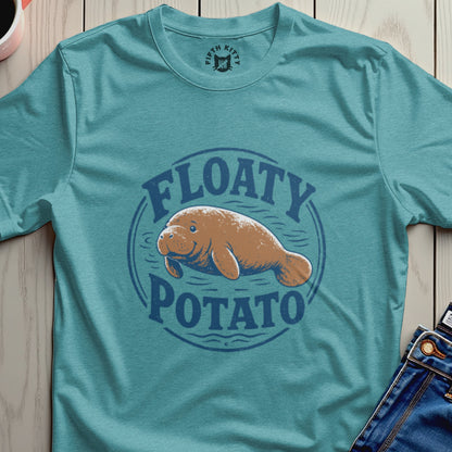 Manatee graphic with "Floaty Potato" text on a teal t-shirt.