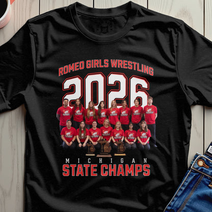Romeo Girls Wrestling 2026 Michigan State Champs team photo on black t-shirt.