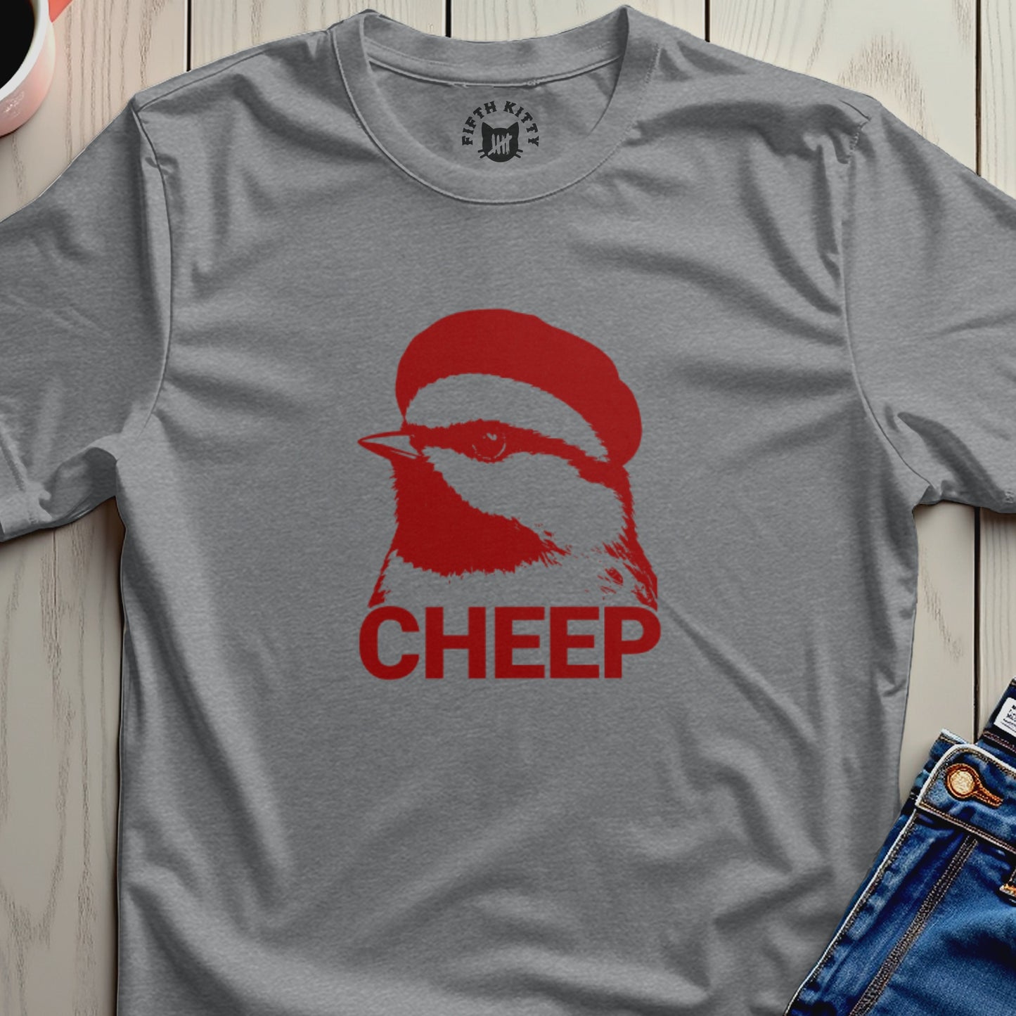 Gray t-shirt with a red bird graphic and the word "CHEEP".