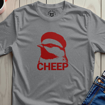 Gray t-shirt with a red bird graphic and the word "CHEEP".