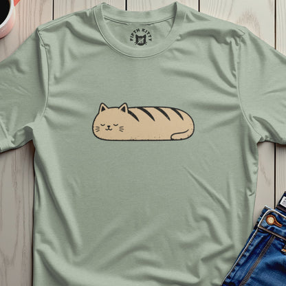 Sage green t-shirt with a cartoon cat loaf graphic and "FIFTH KITTY" logo