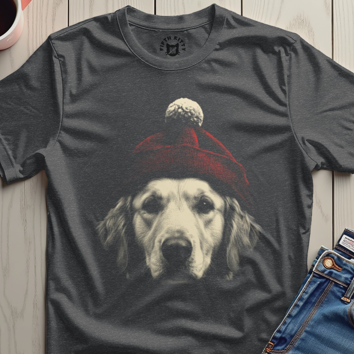 Dog Wearing a Red Winter Hat Printed T-Shirt