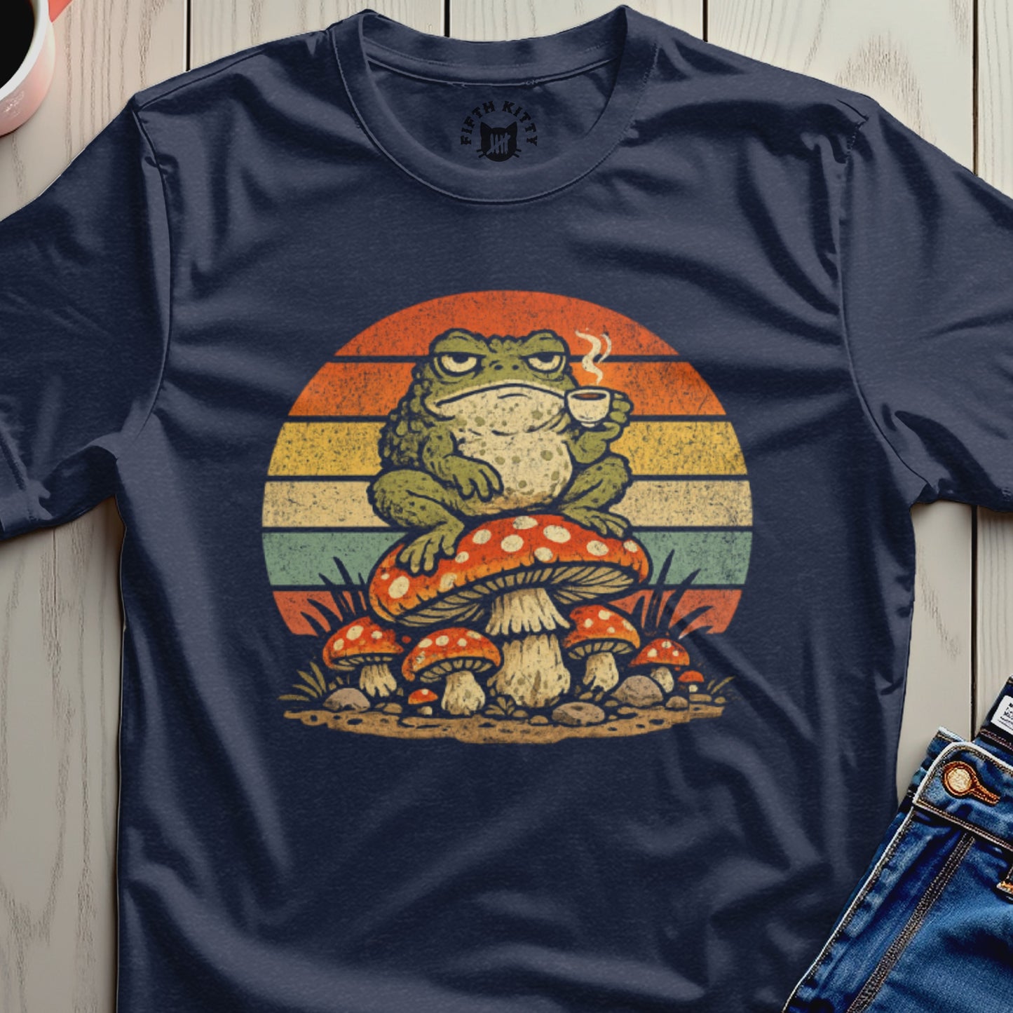 Frog Drinking Coffee on Mushrooms Retro T-shirt