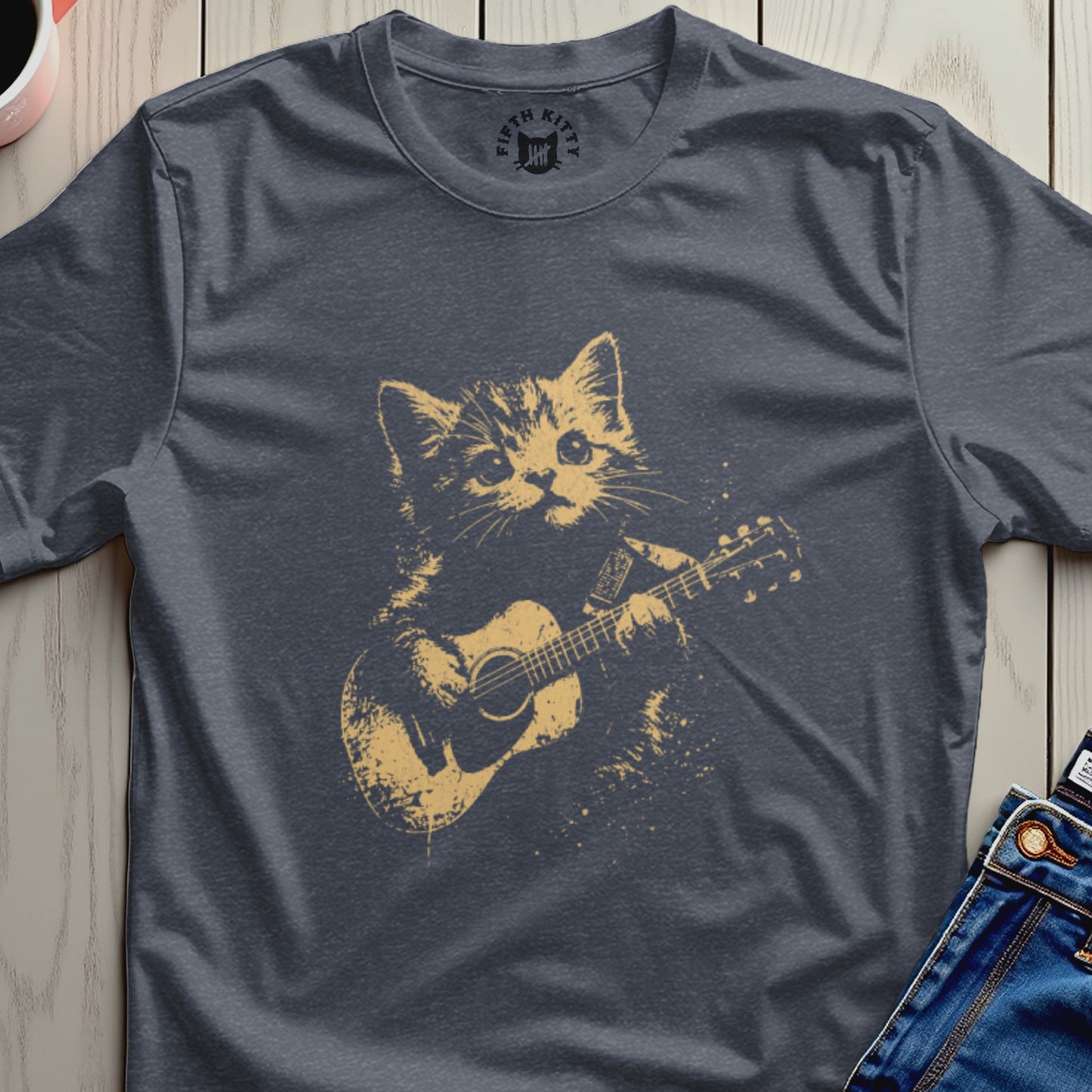 Cute Kitten Playing Guitar Graphic Shirt for Cat Lovers