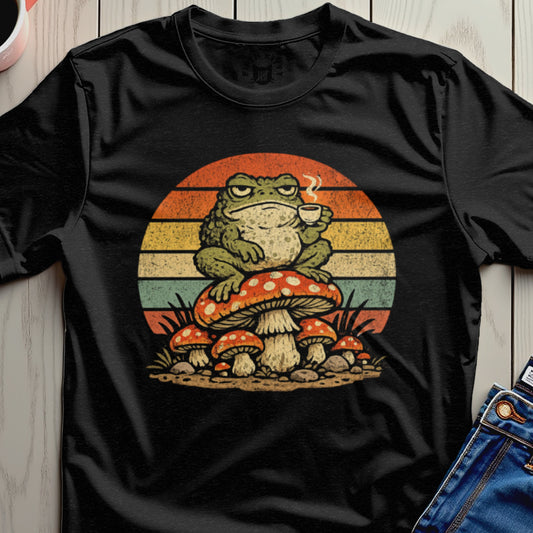 Vintage Frog Drinking Coffee On Mushroom T-shirt