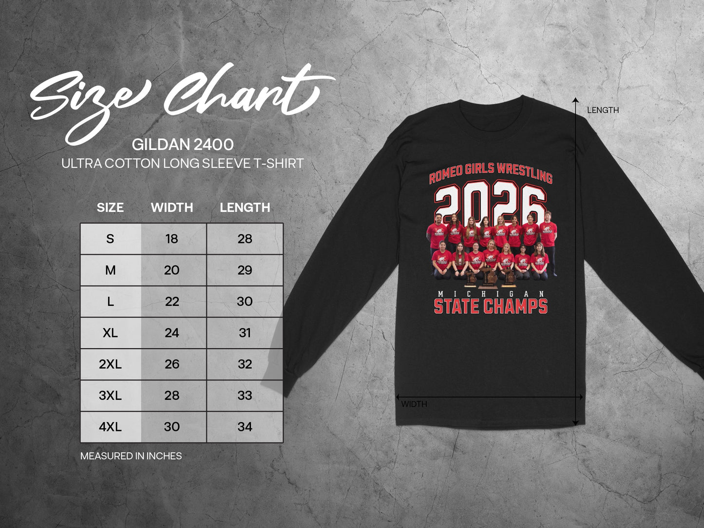 Gildan 2400 size chart with Romeo Girls Wrestling shirt showing length and width.
