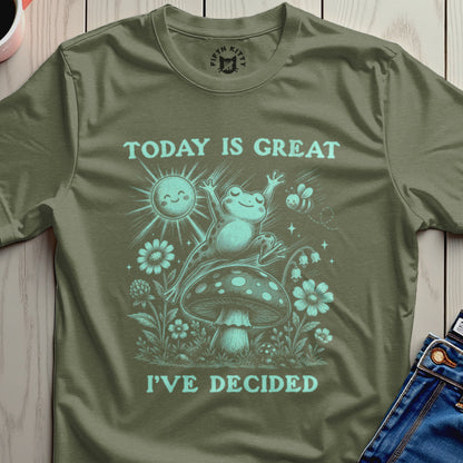 Frog jumping on mushroom with "Today is great I've decided" text.