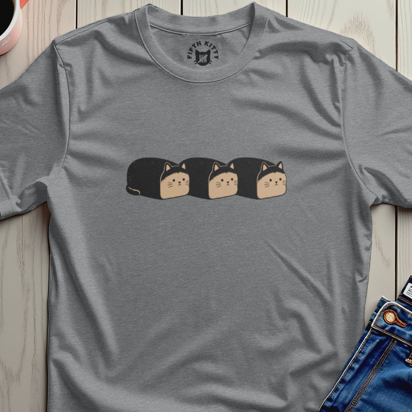 Grey t-shirt with three stylized black and tan cat loaf prints and a small "Fifth Kitty" logo.