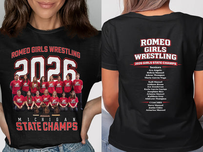 T-shirt celebrating Romeo Girls Wrestling 2026 Michigan State Champs with team photo.