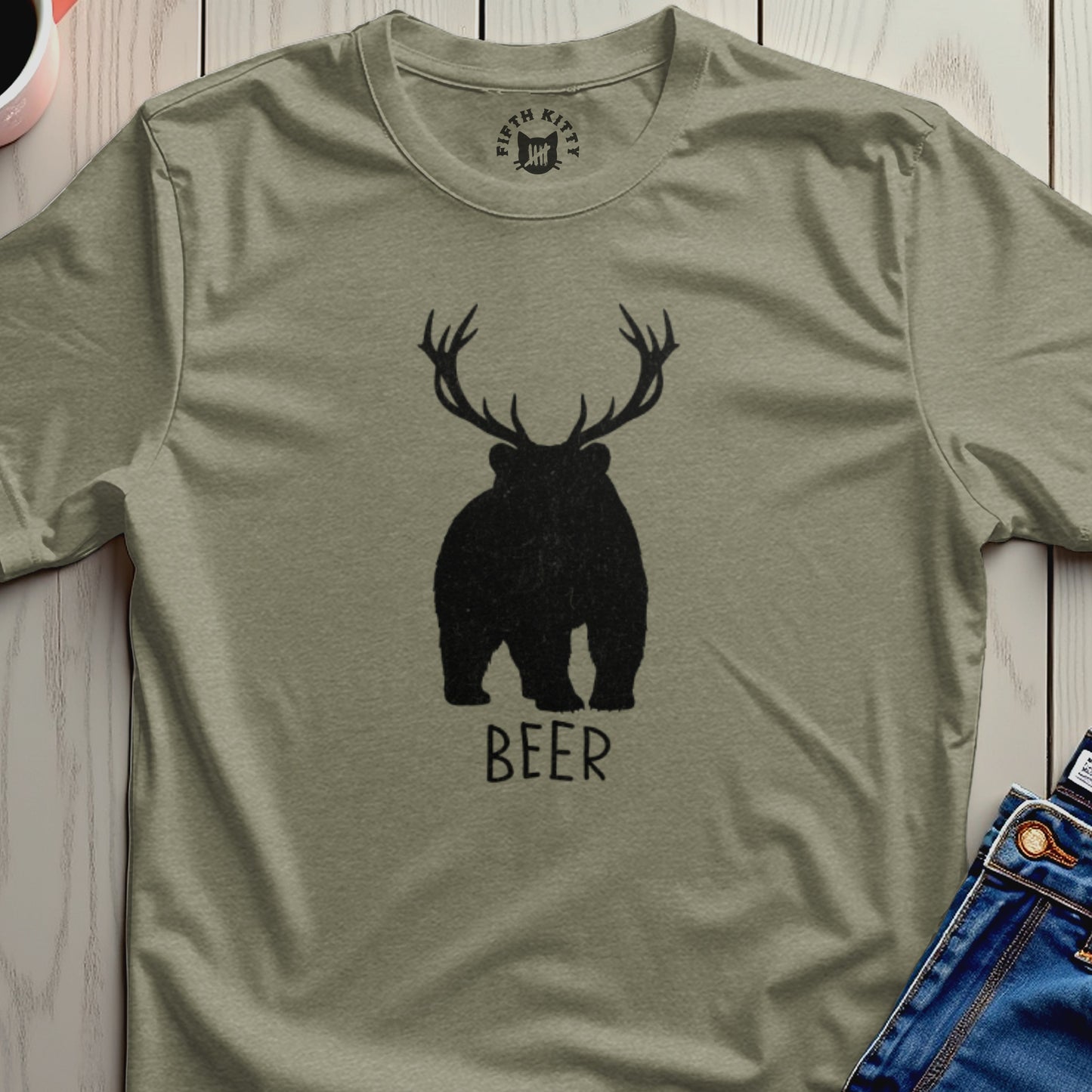 Antlered Bear BEER Graphic Khaki Olive Green T-shirt product type