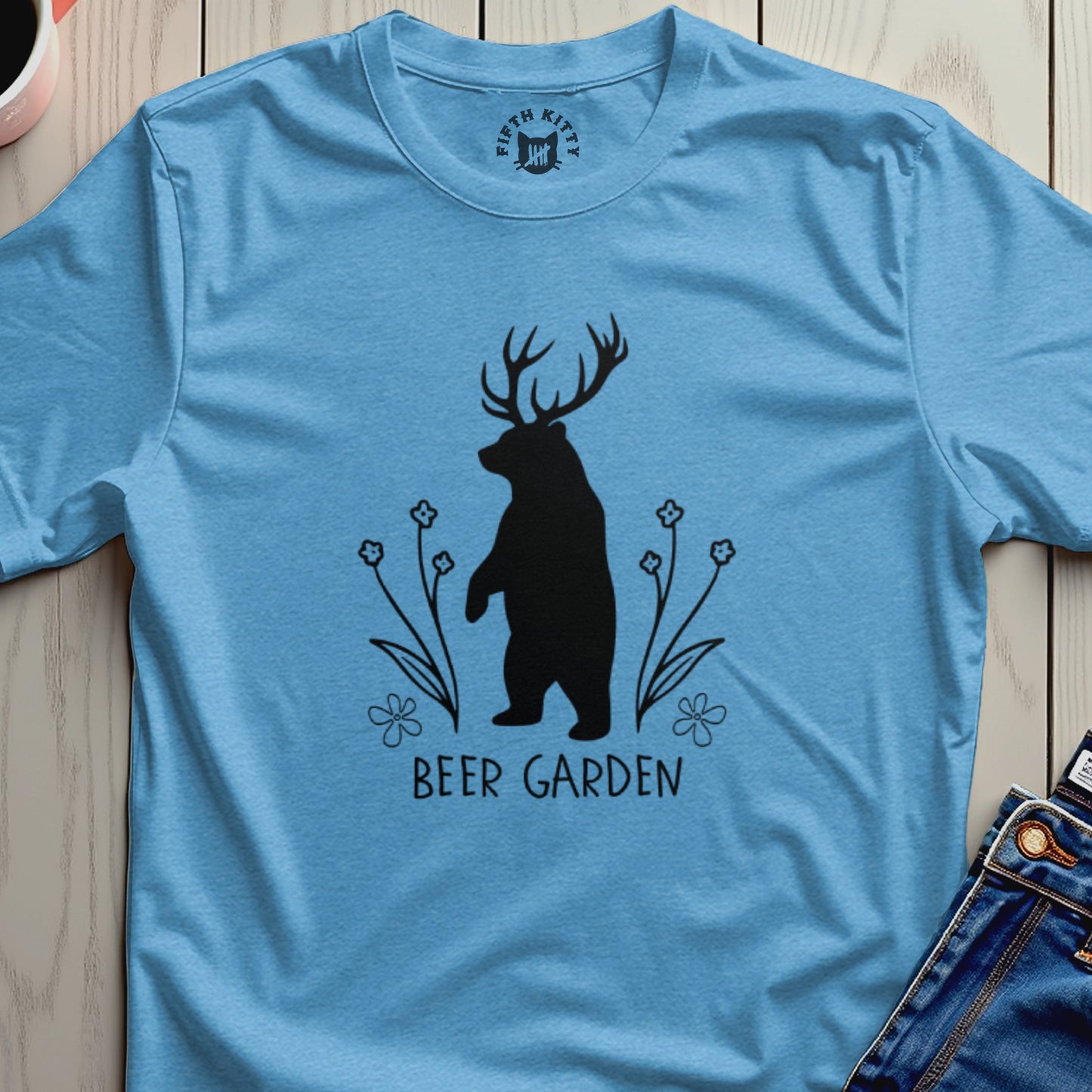 Bear with antlers in front of flowers, text "BEER GARDEN".