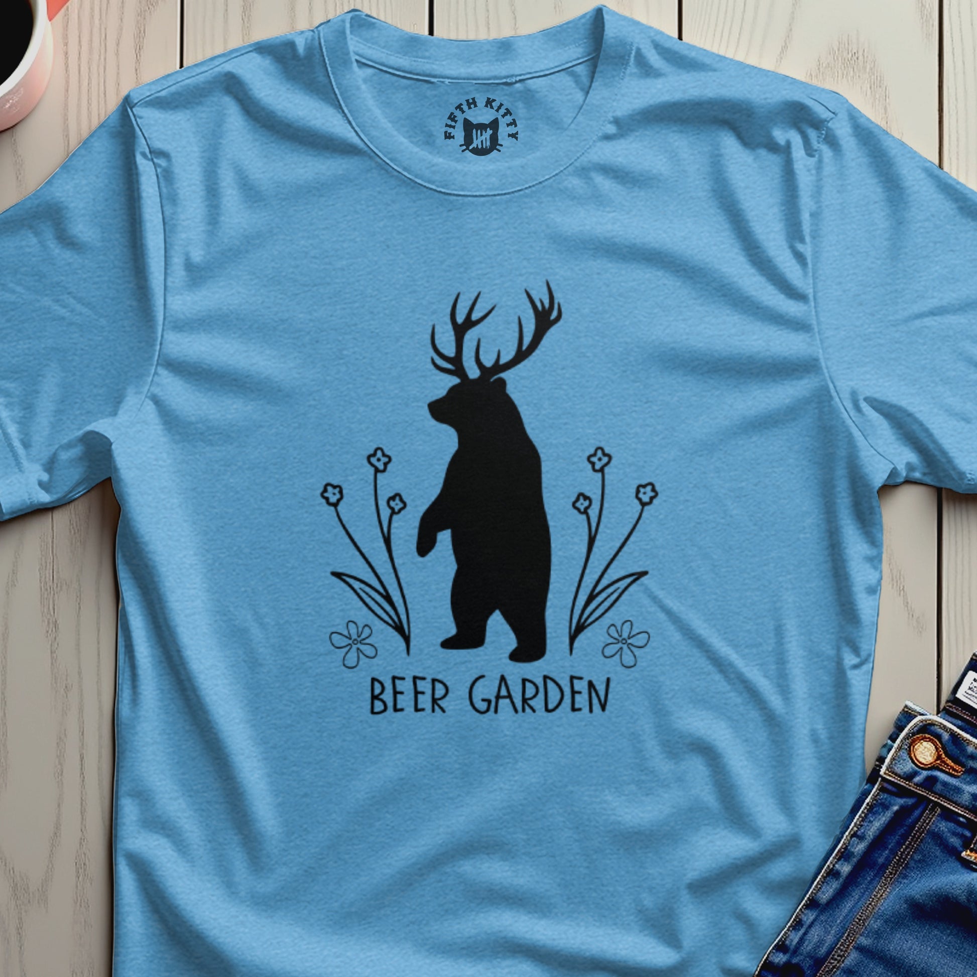 Bear with antlers in front of flowers, text "BEER GARDEN".