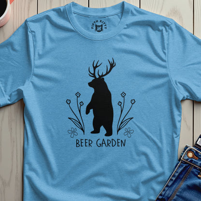Bear with antlers in front of flowers, text "BEER GARDEN".