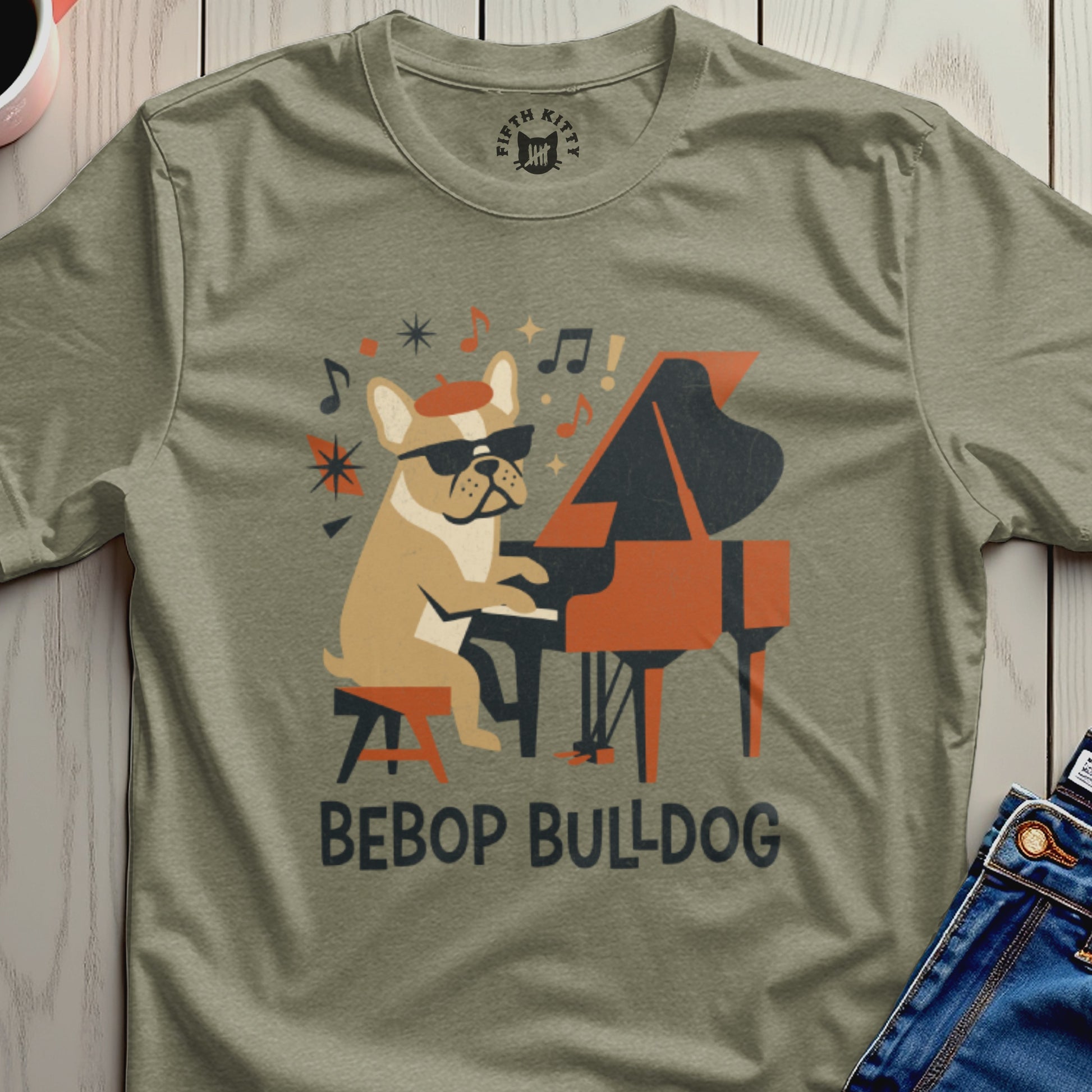 Bebop Bulldog Playing Piano Graphic Tee Shirt
