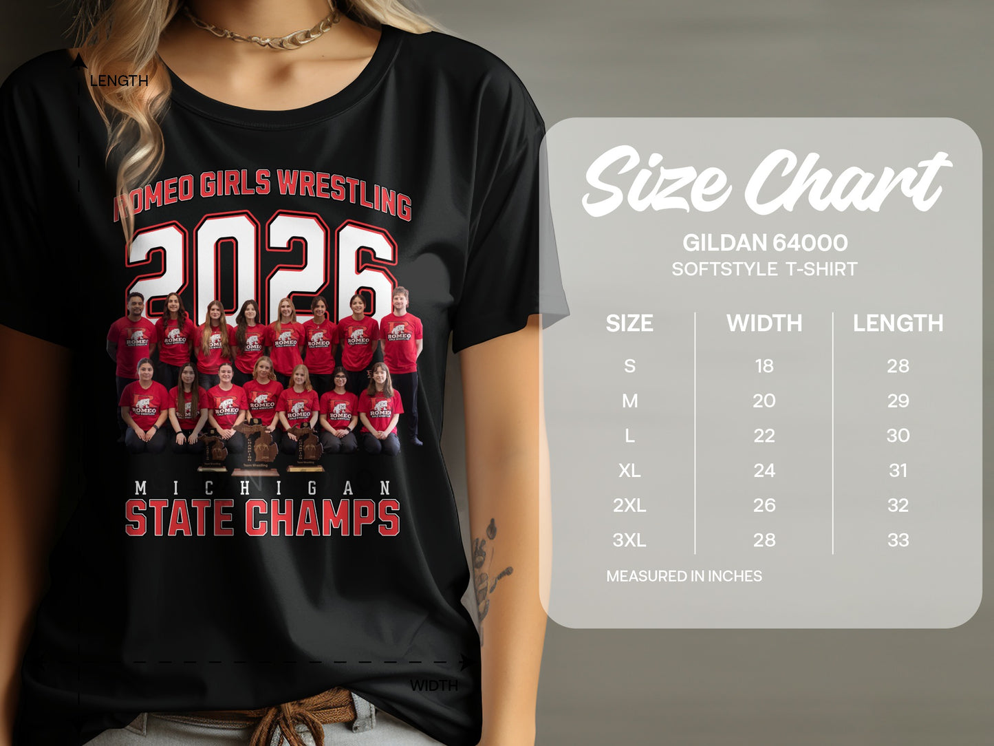 Romeo Girls Wrestling 2026 Michigan State Champs t-shirt with size chart.