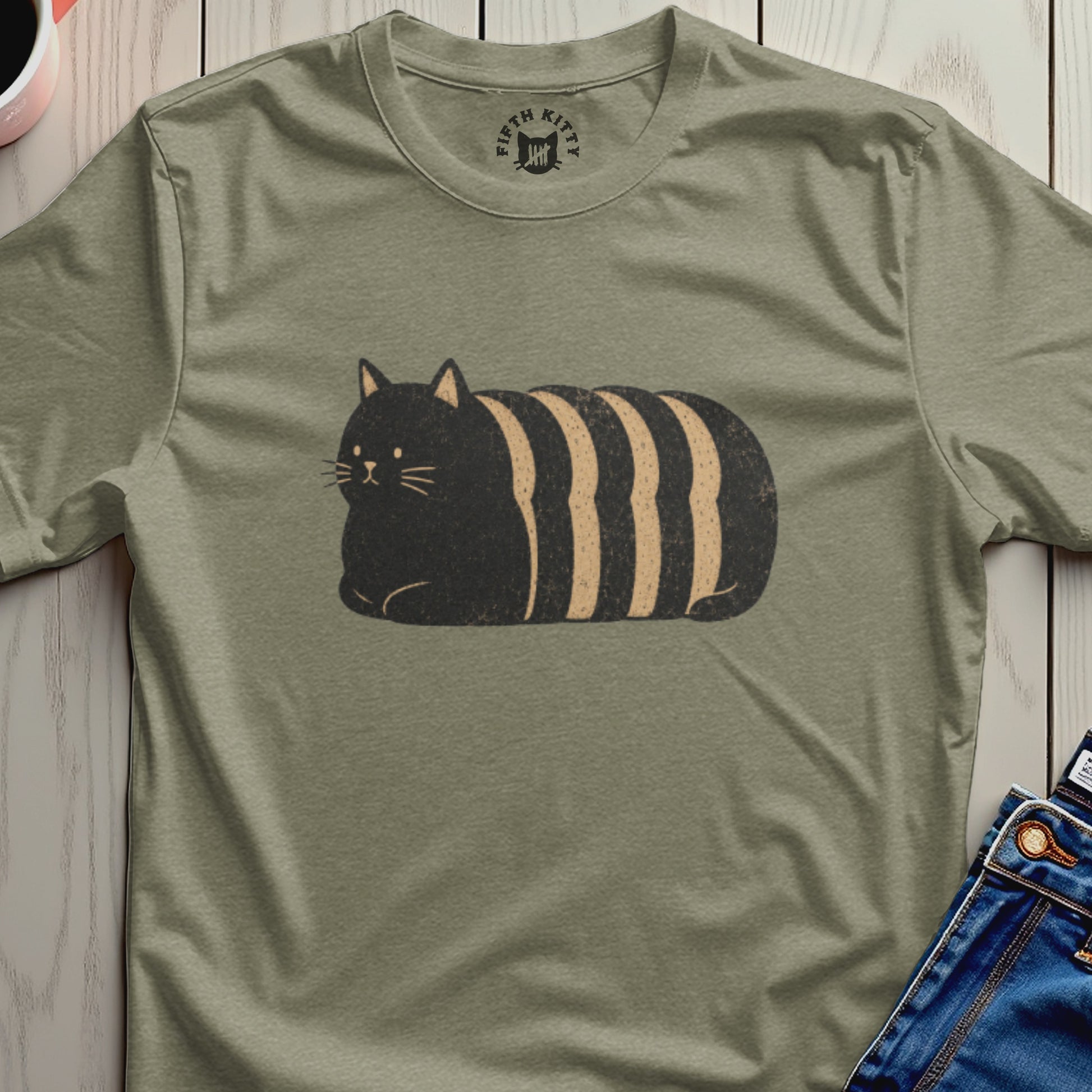 Olive green t-shirt featuring a black and tan striped cat illustration and "Fifth Kitty" logo.