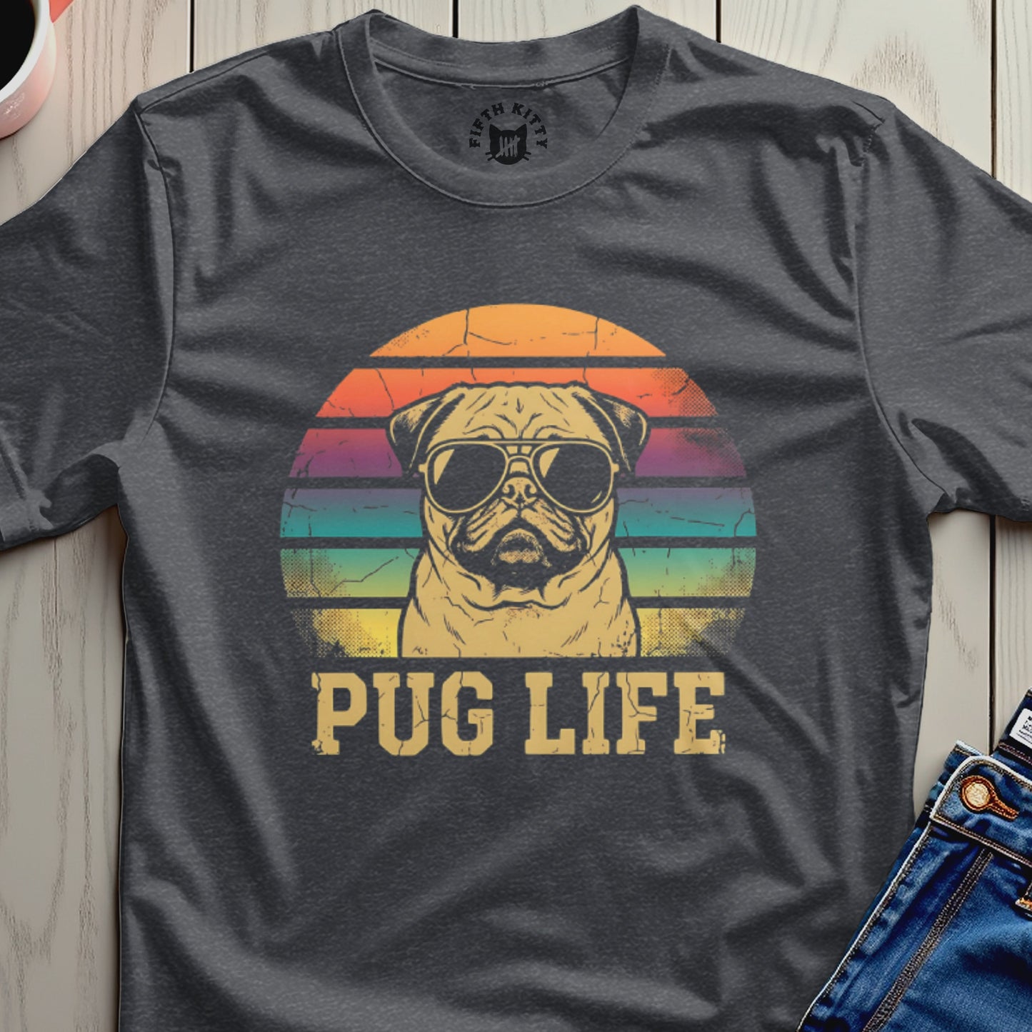 Retro Style Pug Life T-Shirt with Sunglasses Design