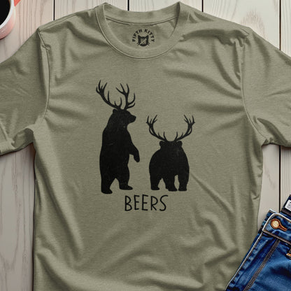 Two silhouette bears with antlers and "BEERS" text on a tan t-shirt.
