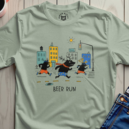 Three black cartoon bears with antlers run down a city street under "BEER RUN" text.