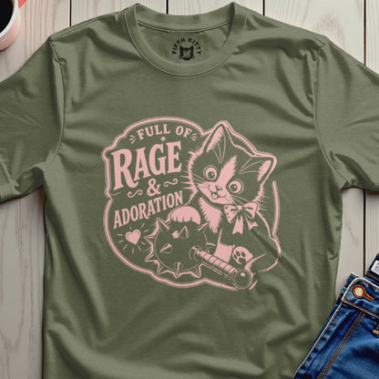 Olive t-shirt with pink cat, mace, and "Full of Rage & Adoration" text.