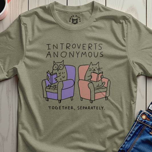 T-shirt with "Introverts Anonymous Together, Separately" text, owl and cat reading books.