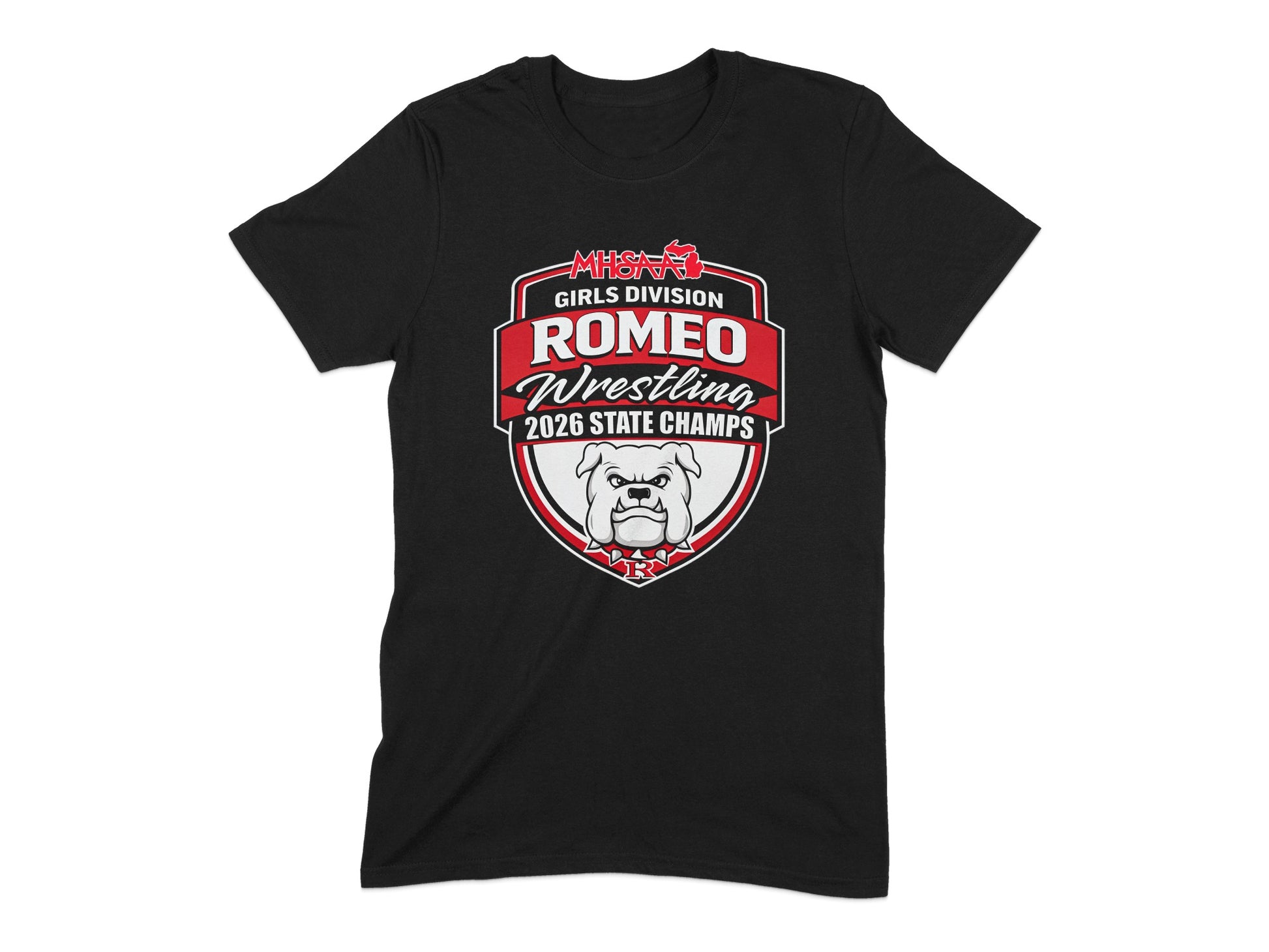 Black t-shirt with "Romeo Wrestling 2026 State Champs" and bulldog logo.
