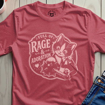 Pink t-shirt with "Full of Rage & Adoration" and a cat holding a spiked ball.