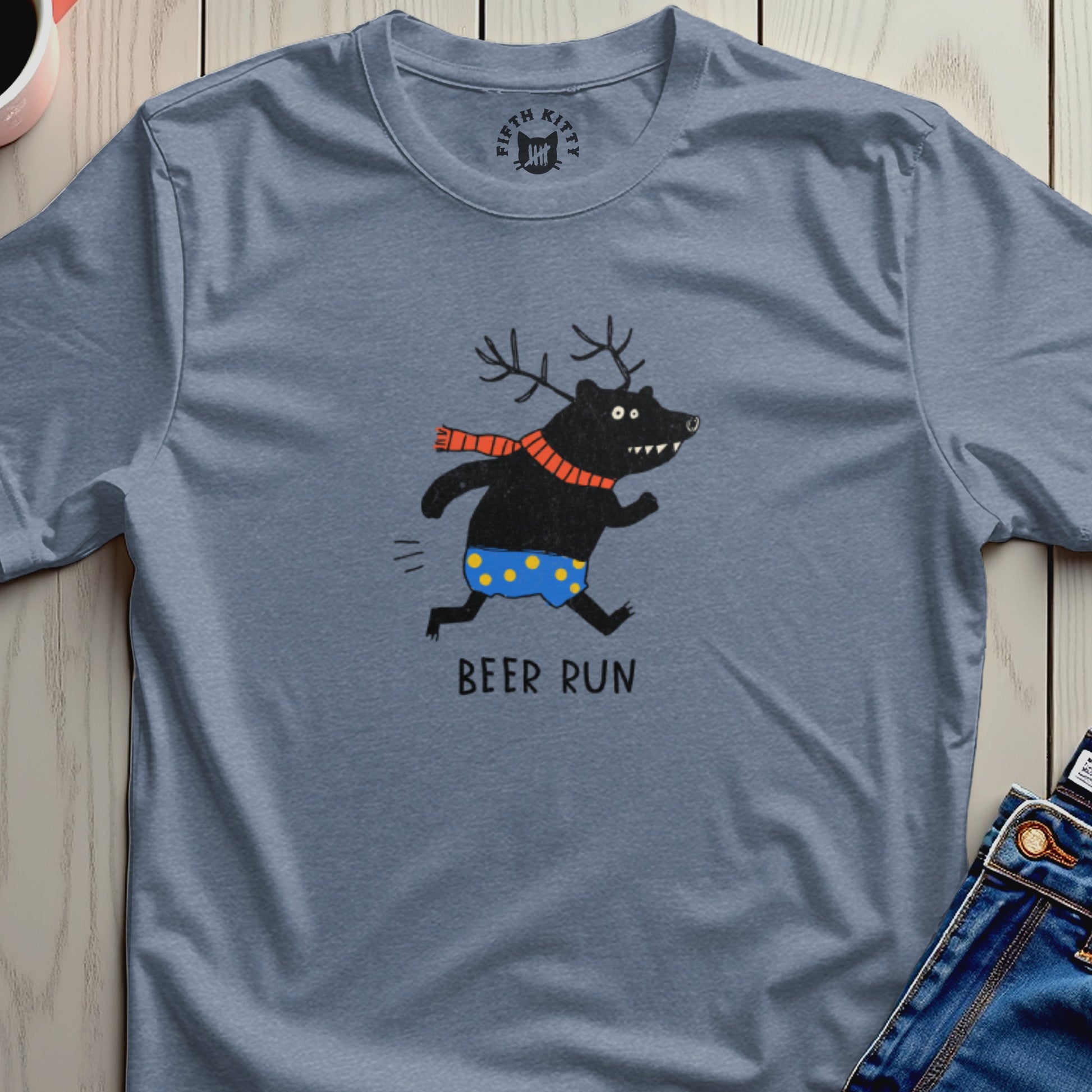 Black bear with antlers and scarf running in polka dot shorts, text reads BEER RUN.