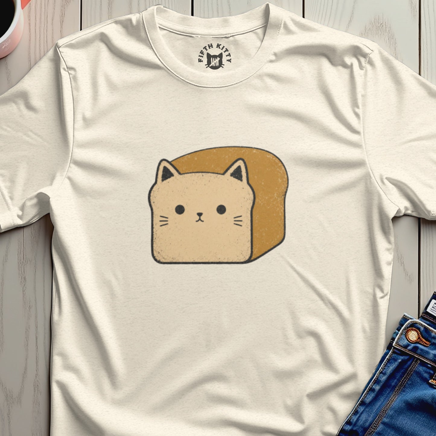 Cream t-shirt with a cartoon cat loaf graphic and "Fifth Kitty" logo.