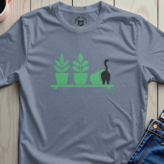Three potted plants and a black cat with tail up on a shelf.