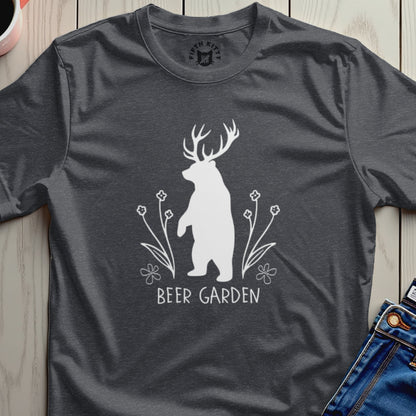 White bear with antlers and flowers, text "BEER GARDEN" on dark shirt.