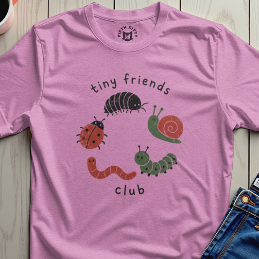 Pink t-shirt with "tiny friends club" and cartoon insects, ladybug, snail, and worm.