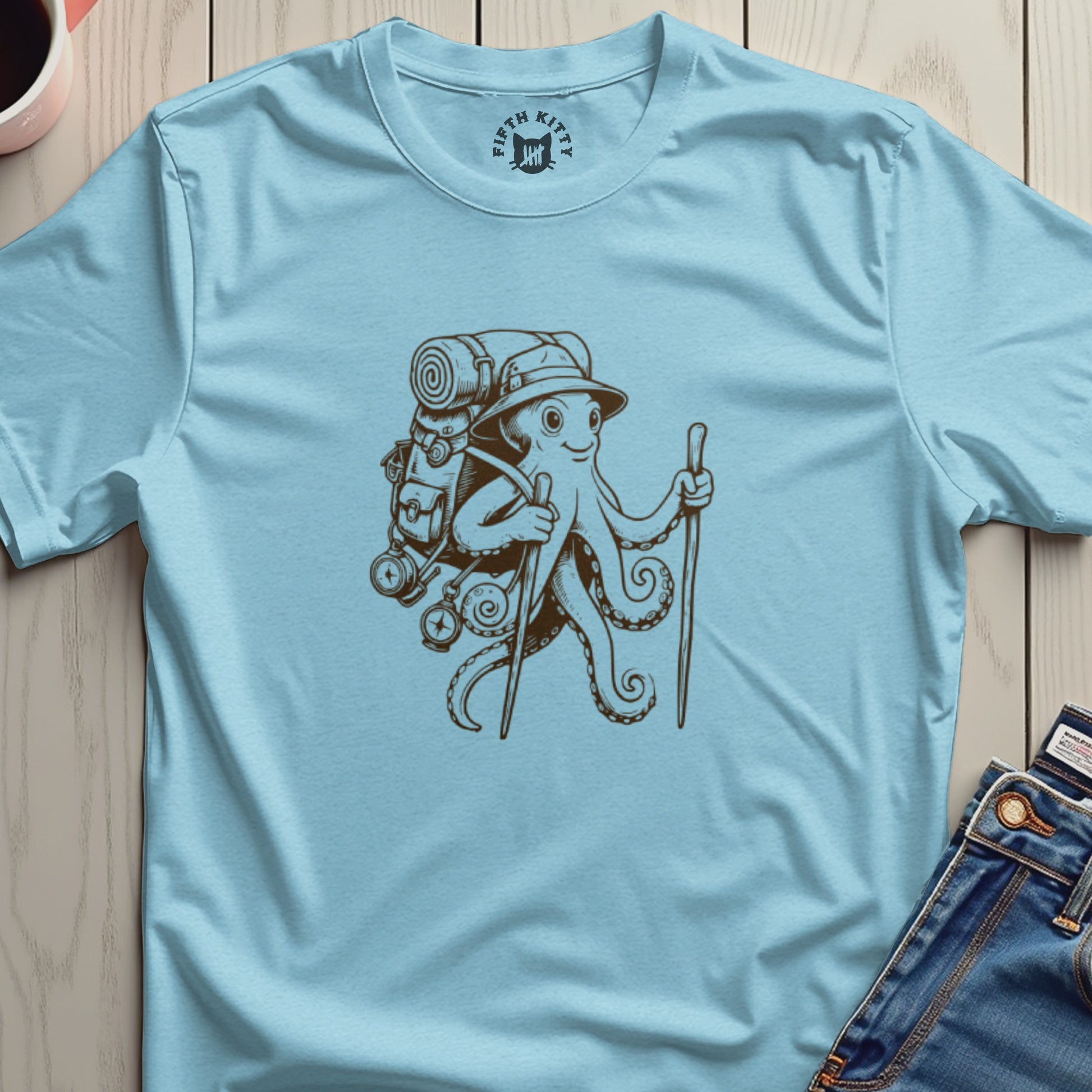 Octopus Hiker Graphic Design on Blue T-Shirt