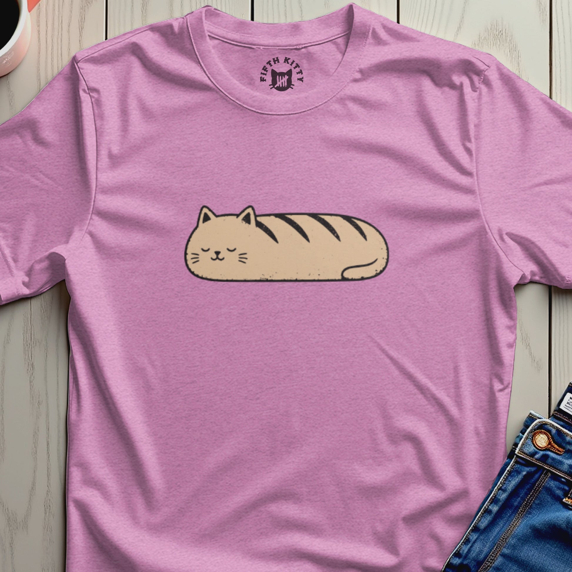 Pink t-shirt with a tan loaf cat graphic and a "Fifth Kitty" logo.