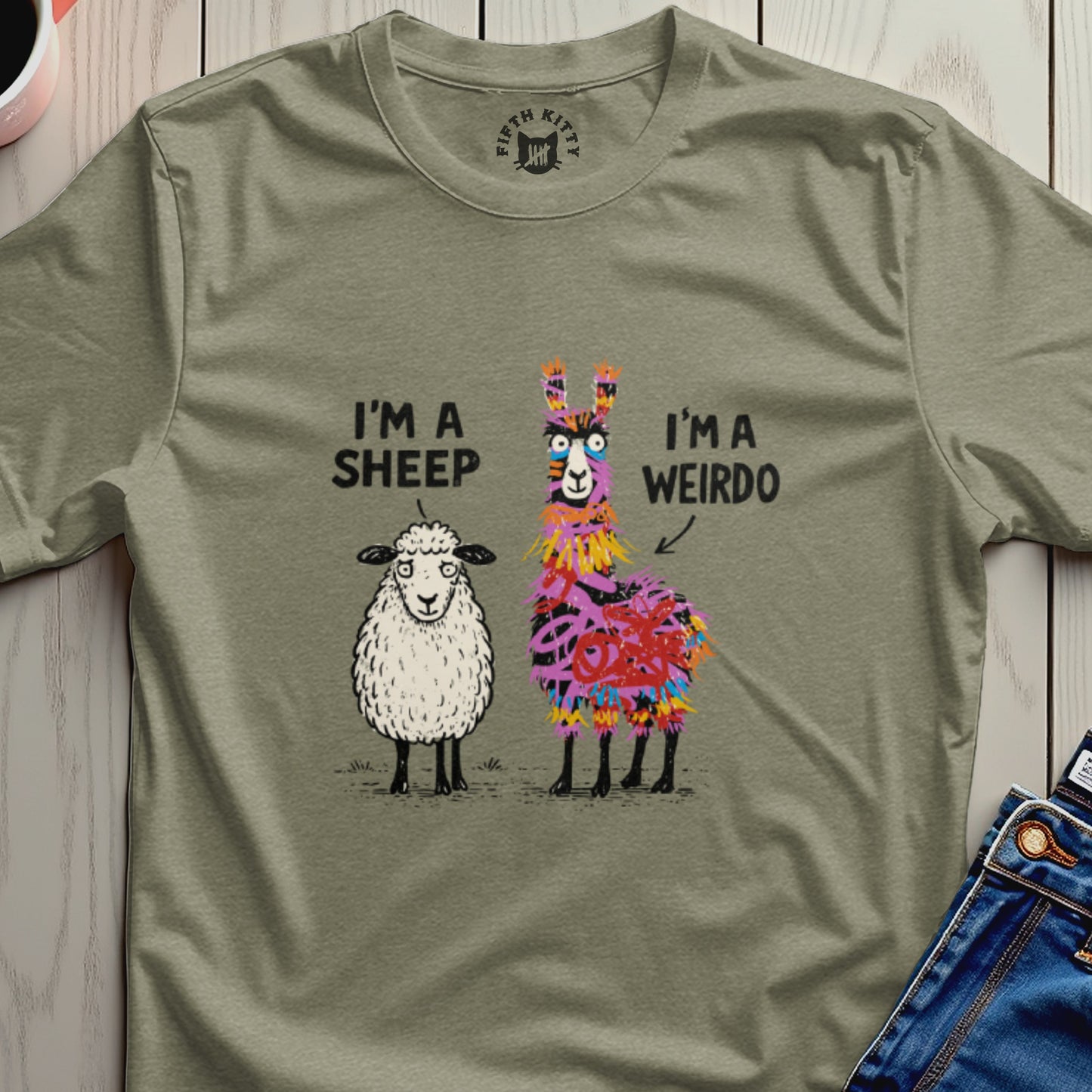 Sheep and llama graphics with text "I'm a sheep" and "I'm a weirdo".