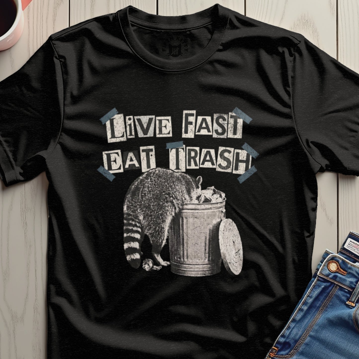 Live Fast Eat Trash Raccoon T-Shirt Retro Design