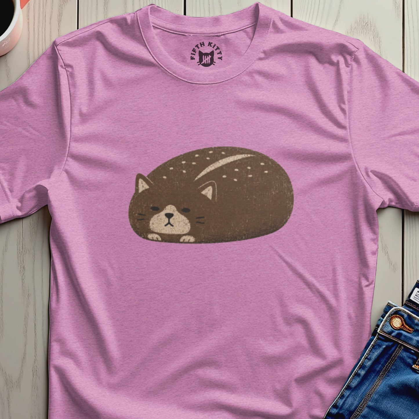 Pink t-shirt with a brown cartoon cat graphic and a "Fifth Kitty" logo.