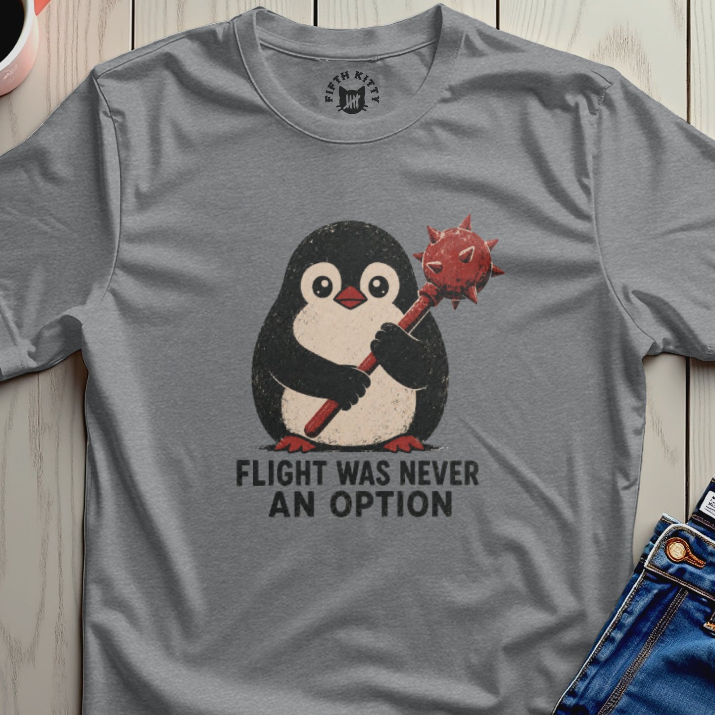 Penguin holding a mace with text "Flight was never an option".