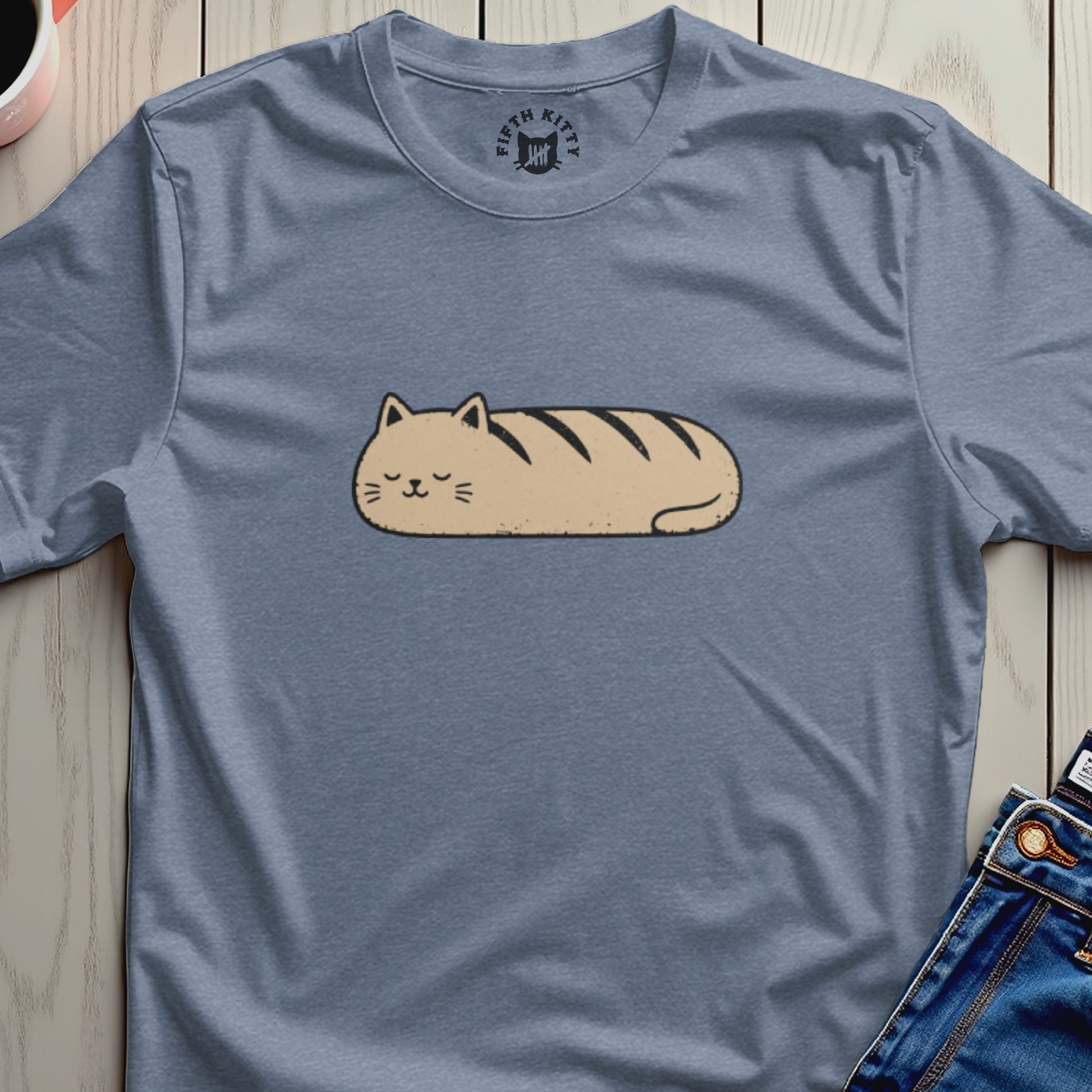 Blue t-shirt with a cartoon loaf cat graphic and 'Fifth Kitty' logo.
