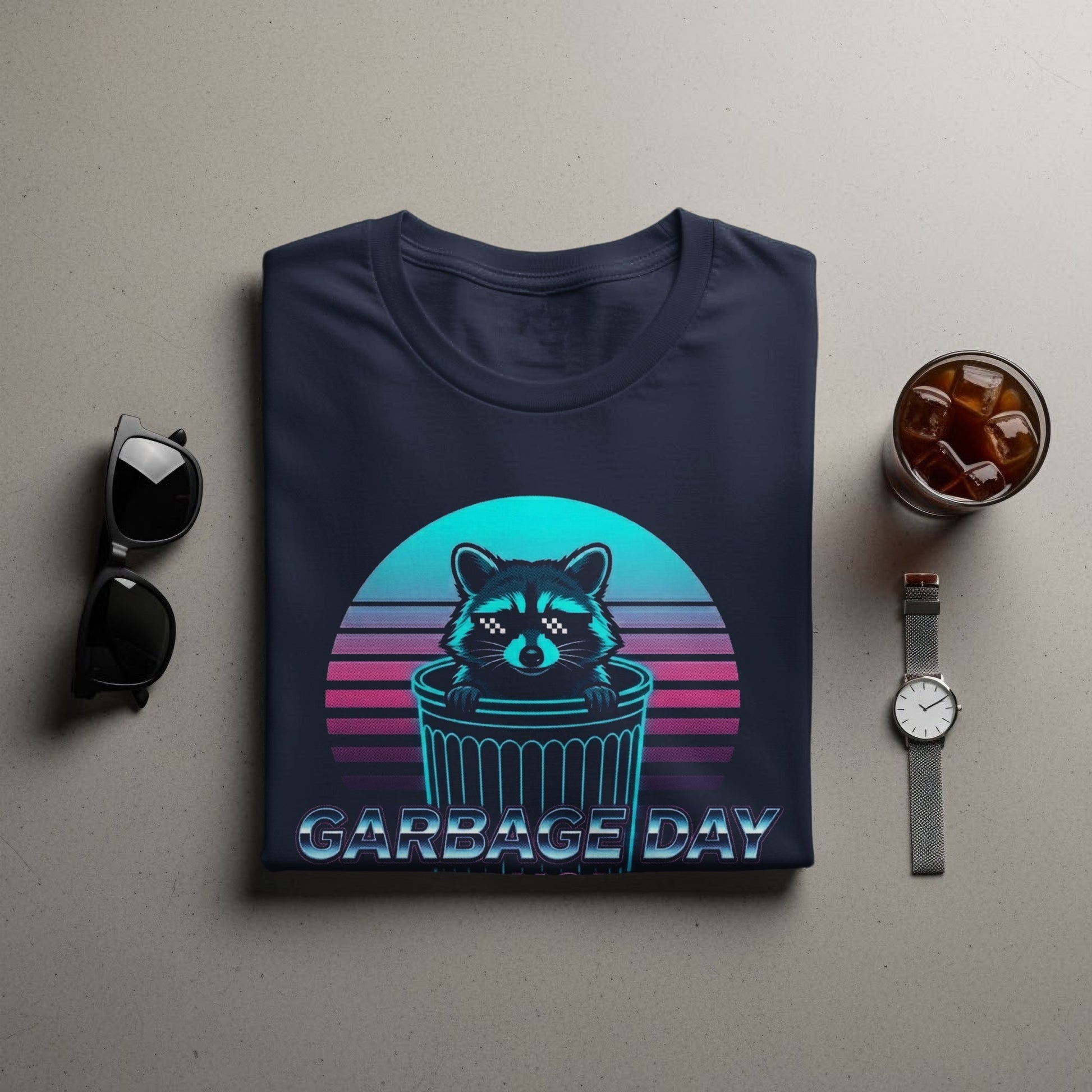 Garbage Day Sunset Raccoon Retro Tee