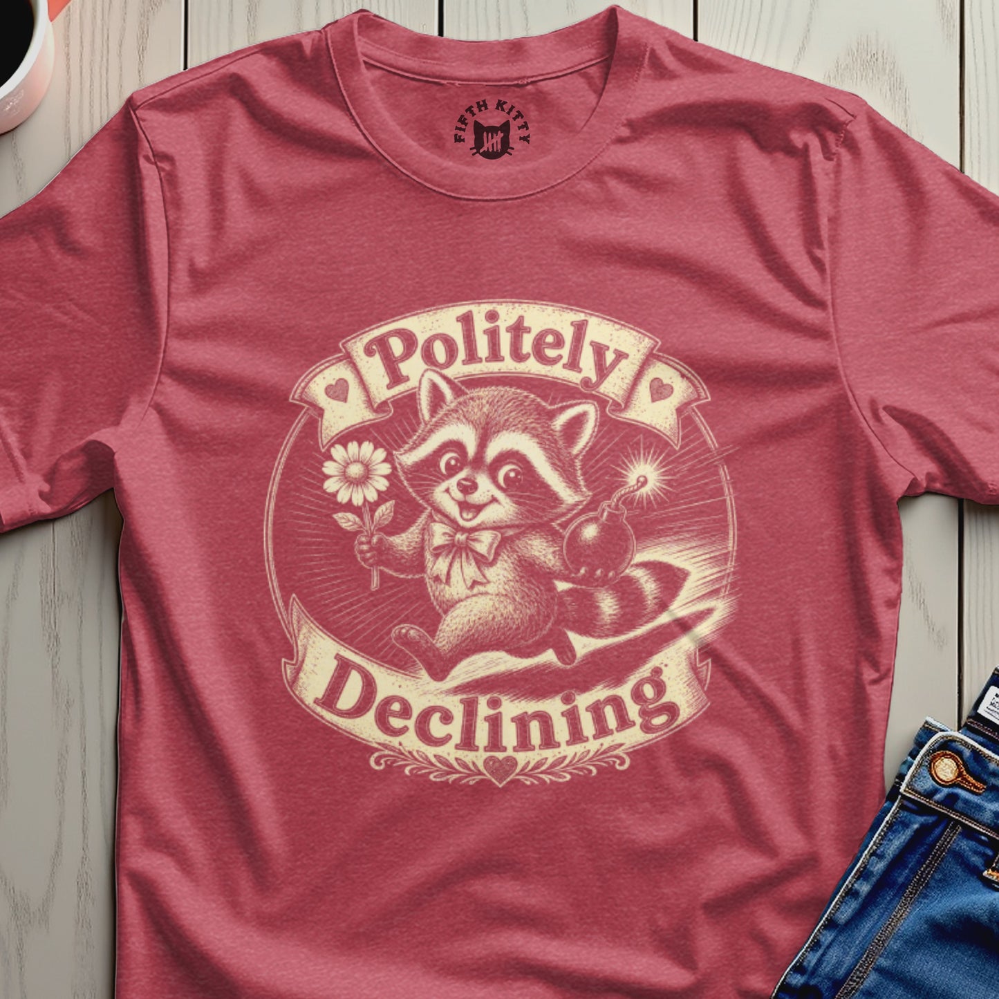 Raccoon holding a flower and a bomb, with "Politely Declining" text.