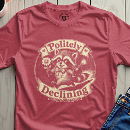 Raccoon holding a flower and a bomb, with "Politely Declining" text.