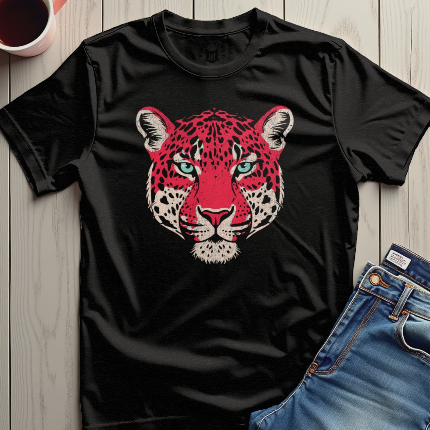 Black T-Shirt with Bold Red Leopard Face Design product