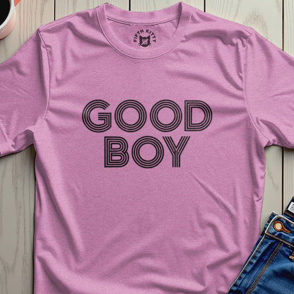Pink t-shirt with "GOOD BOY" in black block letters.